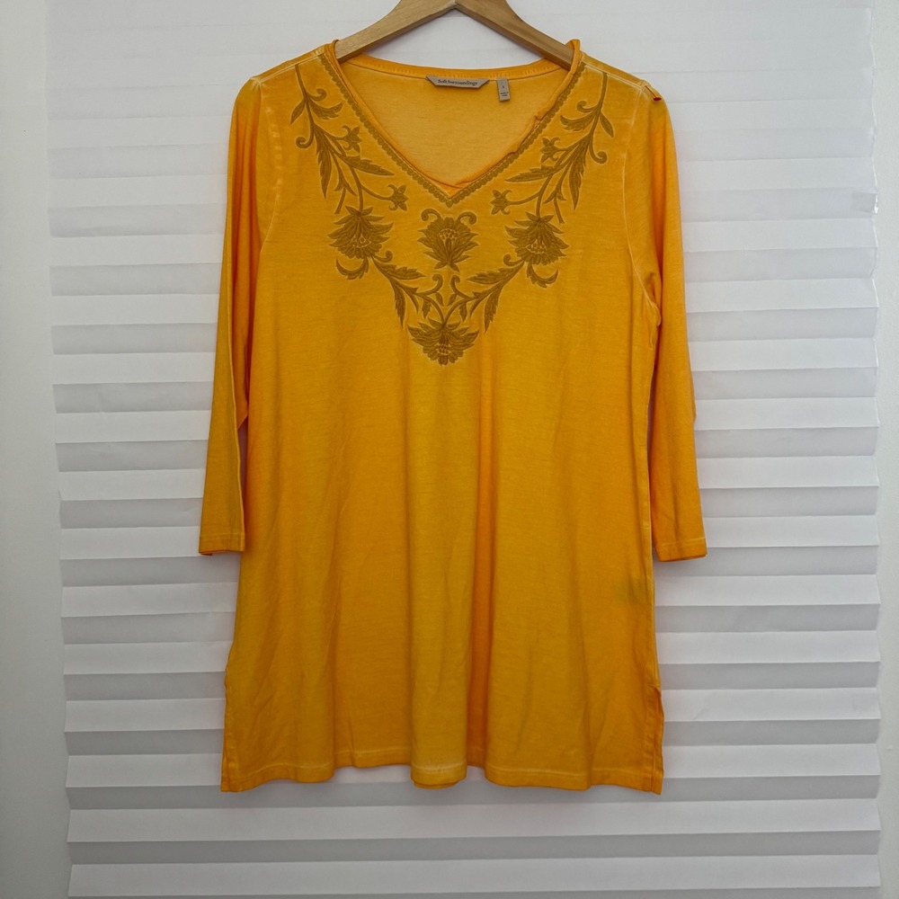 Soft Surroundings Marigold Yellow Embroidered V-Neck Boho Tunic Top L Peasant